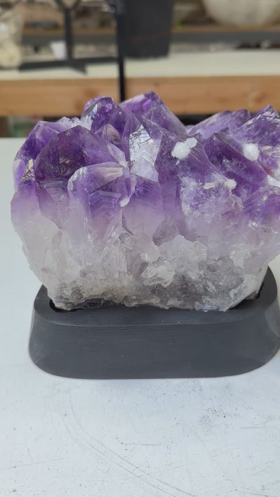 Amethyst Crystal Cluster on Wooden Base - Natural Crystal -