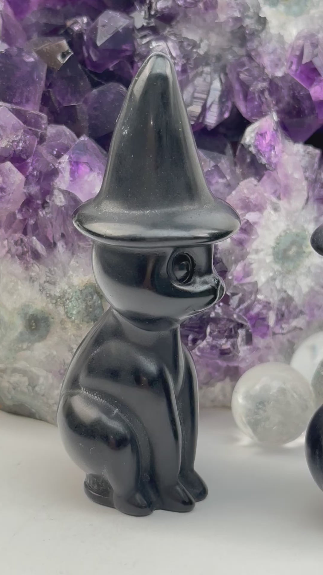 Black Onyx Crystal Cat with Hat - Halloween Decor -