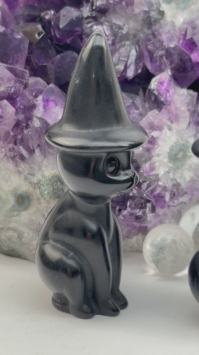 Black Onyx Crystal Cat with Hat - Halloween Decor -