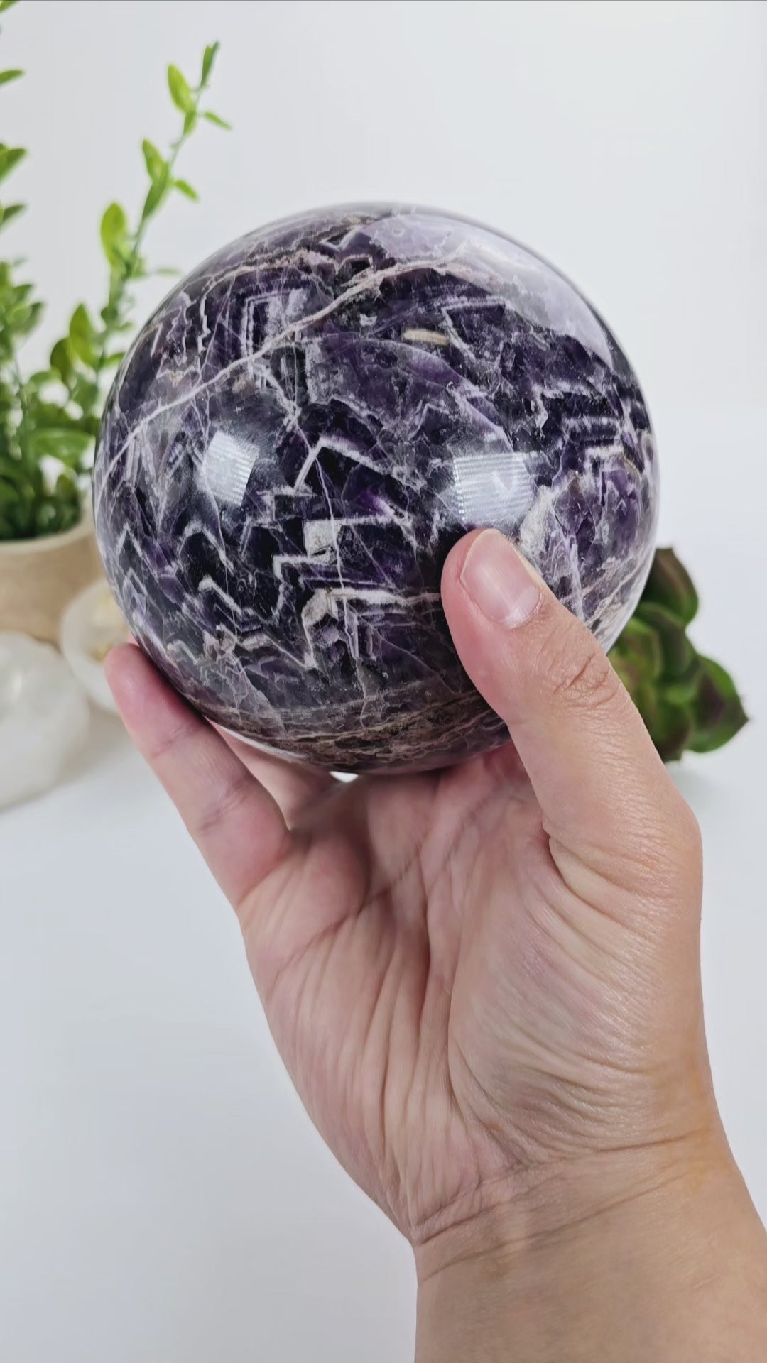 Chevron Amethyst Crystal Sphere One-of-a-Kind #1 video in hand showing different angles