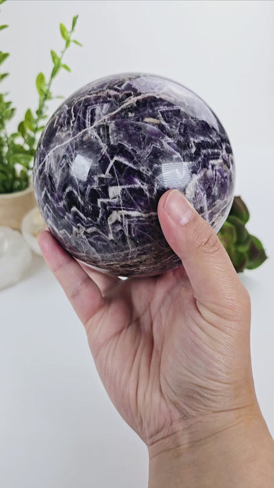 Chevron Amethyst Crystal Sphere One-of-a-Kind #1 video in hand showing different angles
