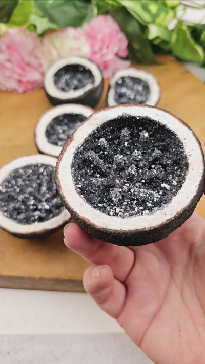 Galena Crystal Geode Pair from Morocco - Manmade video in hand for size reference swiveling geode to show sparkle