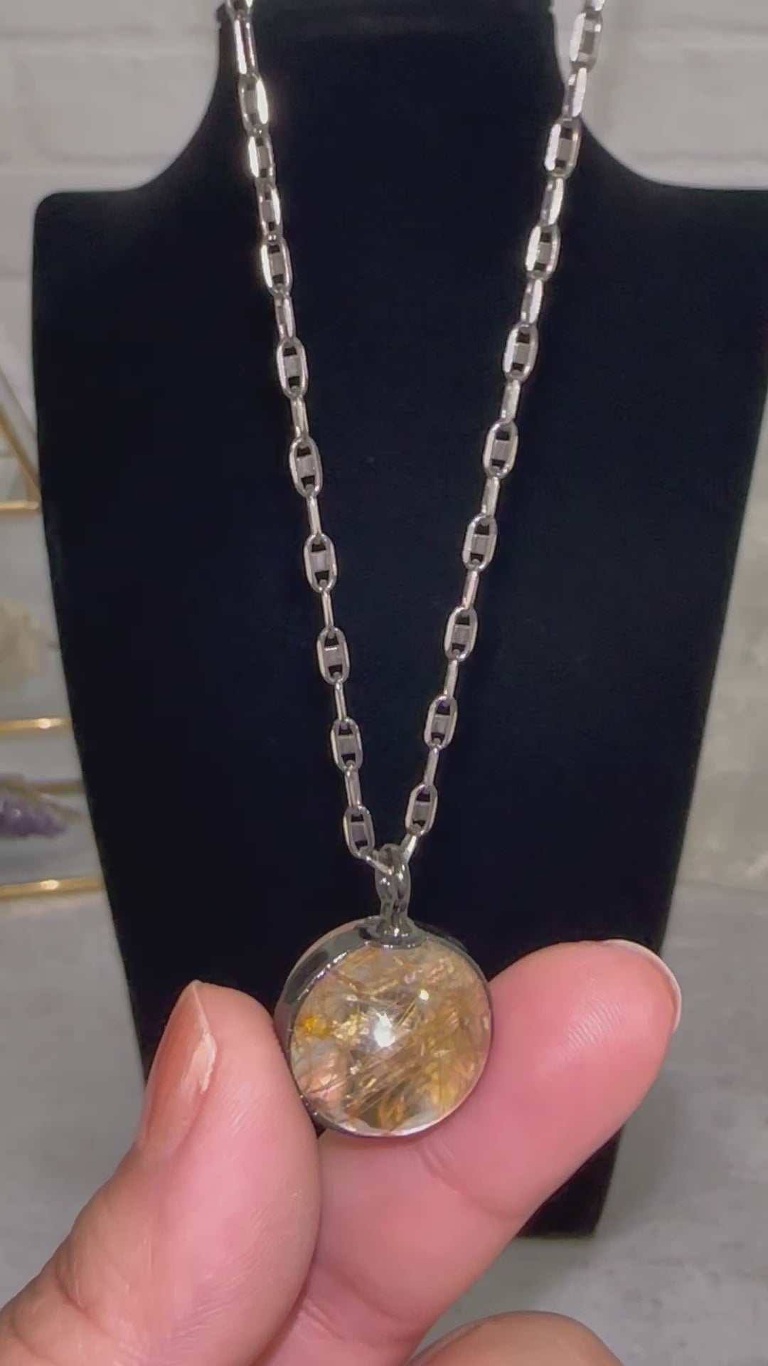 Gold Rutilated Crystal Quartz Sphere Necklace Sterling Silver Chain