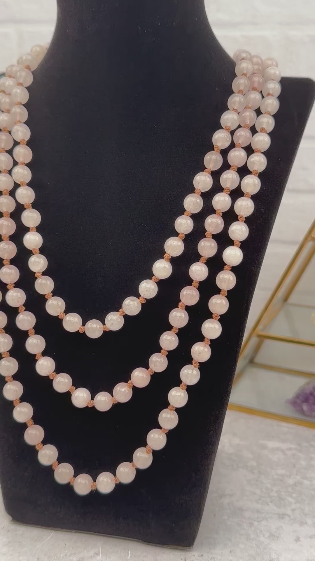 Rose Quartz Crystal Gemstone Knotted Necklace - Mala Necklace Spiritual Jewelry - 28"