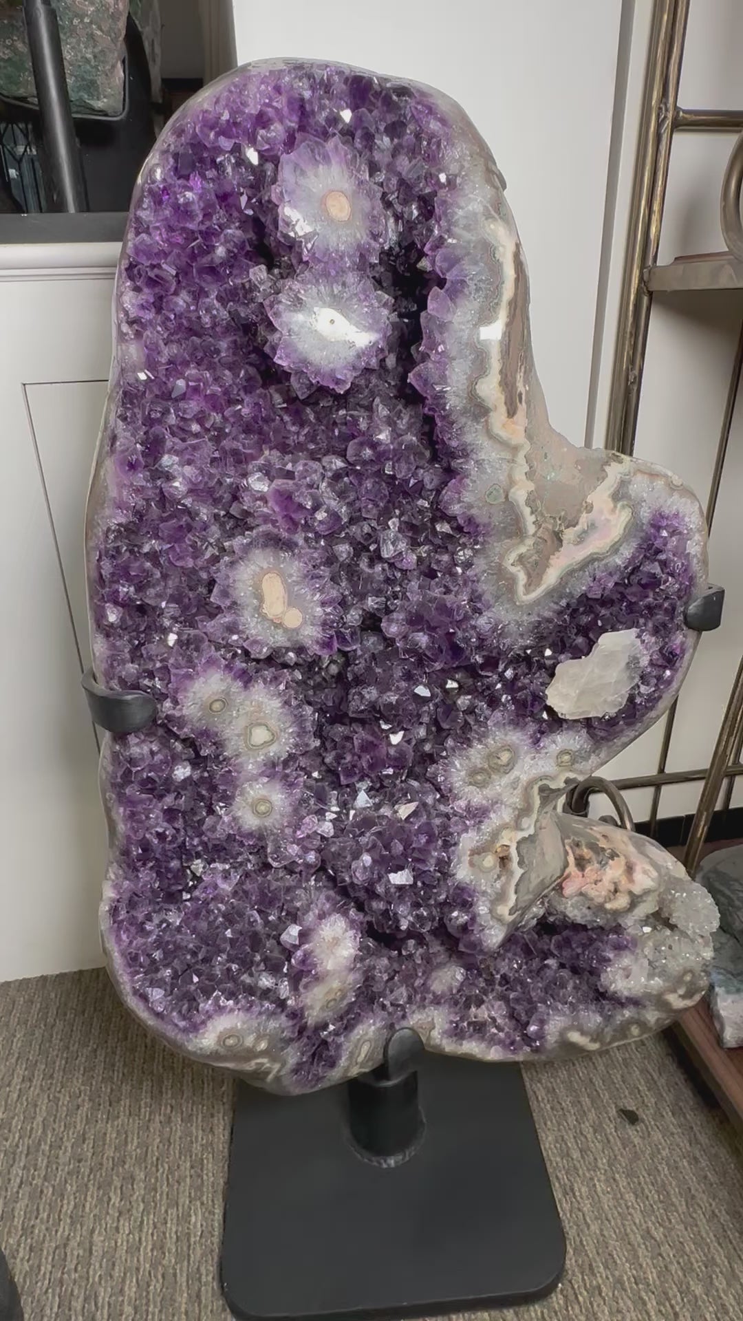 Amethyst Cluster with Stalactites on Rotating Metal Stand - Rare Find -