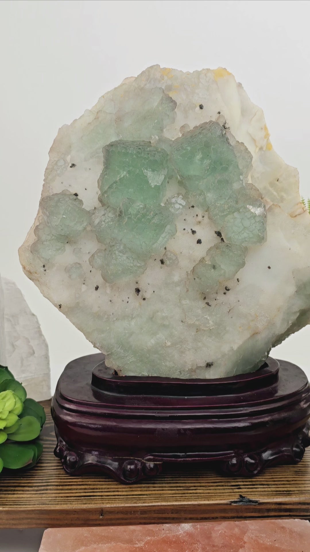 Large Cubic Fluorite Crystals on Matrix with Wooden Stand - Rare Find video showing closeup of cubic fluorite crystals