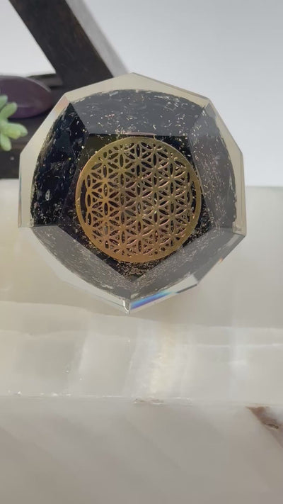 Crystal Orgone Dodecahedron with Flower of Life