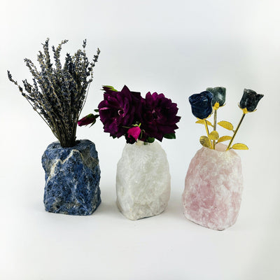 Natural Stone Vases shown in the 3 stones, sodalite, crystal quartz and rose quartz