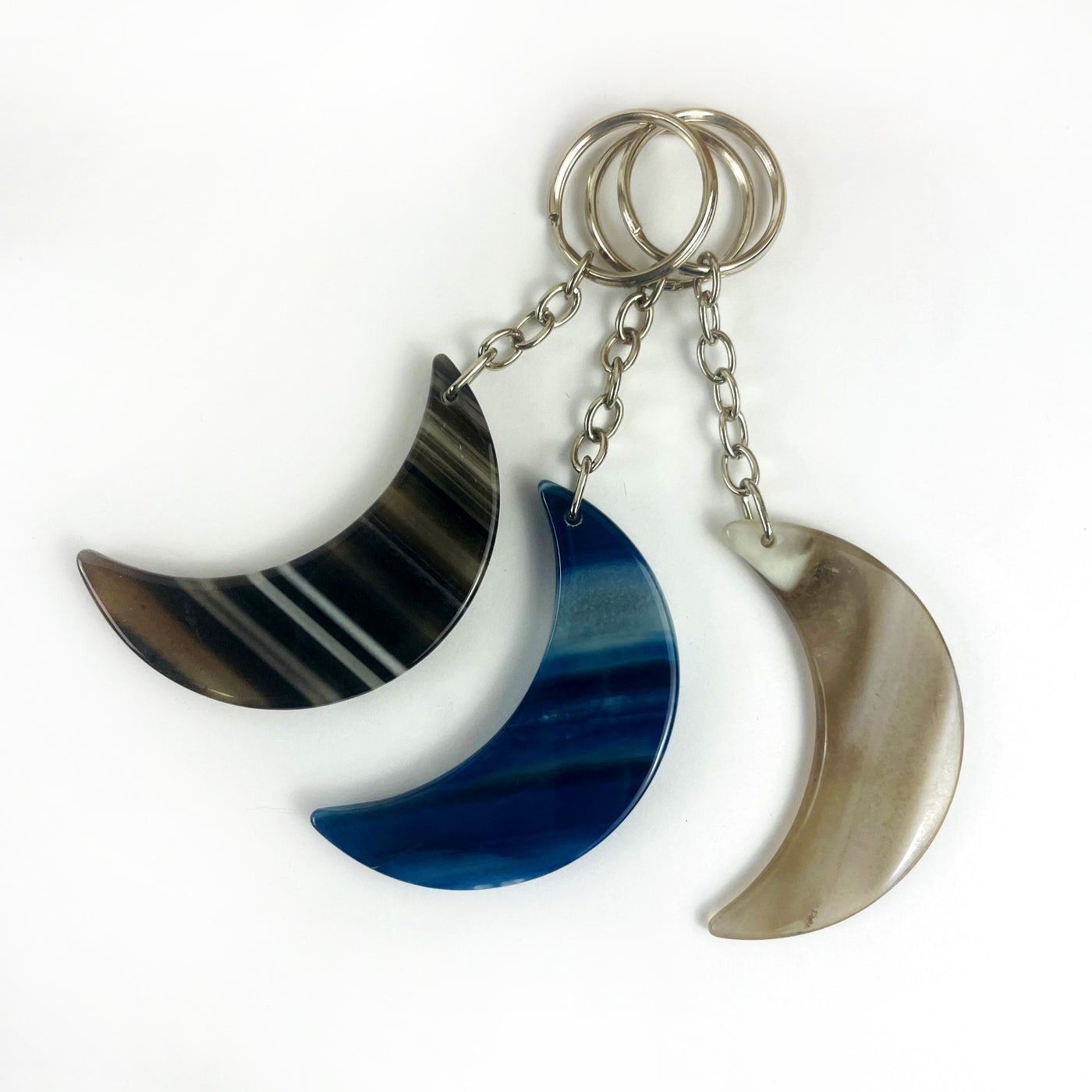 Crescent Moon Agate Key Chains in black, blue and natural agate
