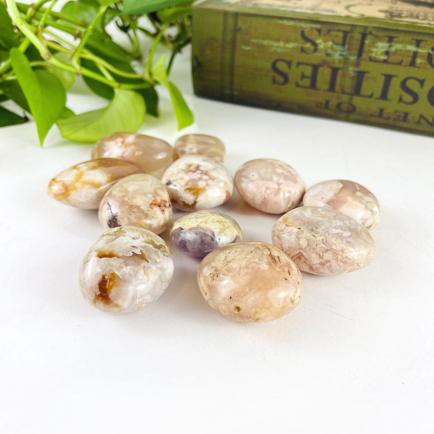 Flower Agate Polished Palm Stones from a side view to show thickness