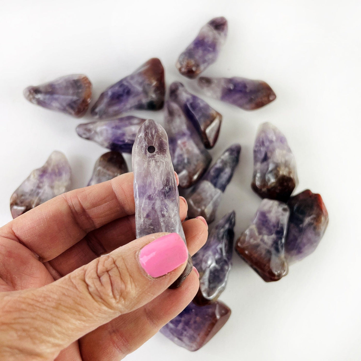 Amethyst Crystal Red Tip Cap Tumbled Amethyst Points - Drilled