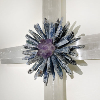 Selenite Cross with Flower Cluster of Crystals up close of flower
