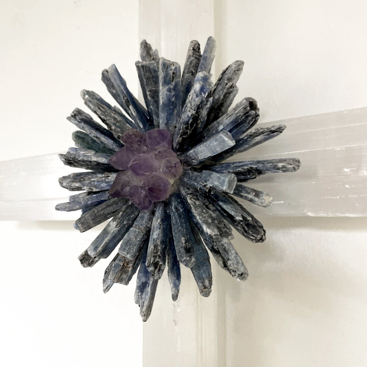 Selenite Cross with Flower Cluster of Crystals up close from the side