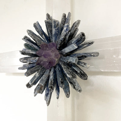 Selenite Cross with Flower Cluster of Crystals up close from the side