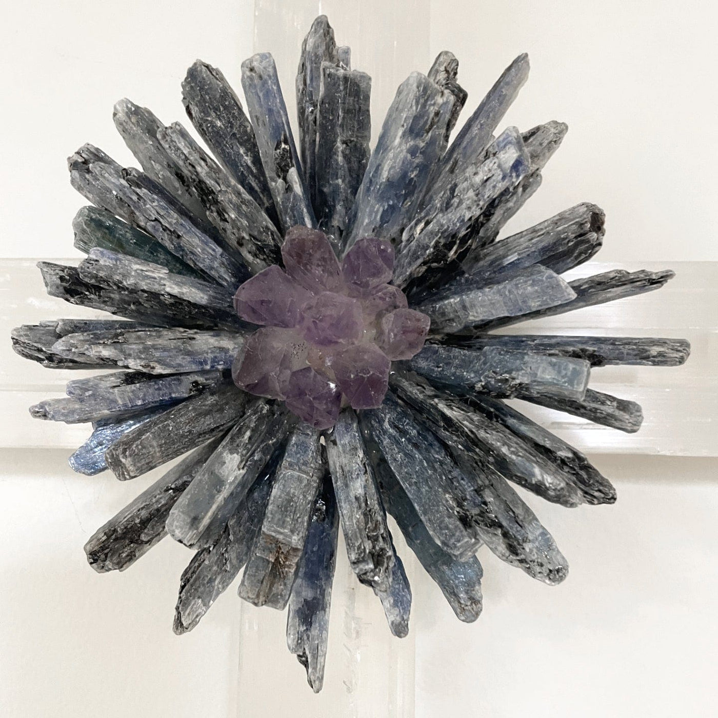 Selenite Cross with Flower Cluster of Crystals up close