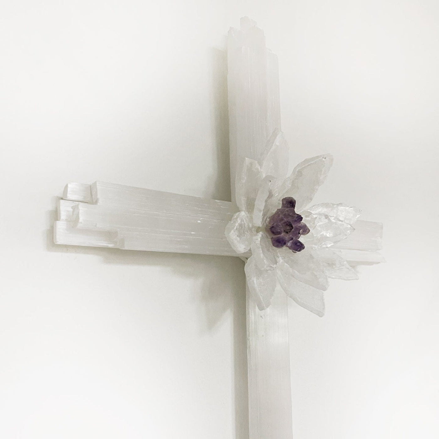 Selenite Cross with Flower Cluster of Crystals from an angle