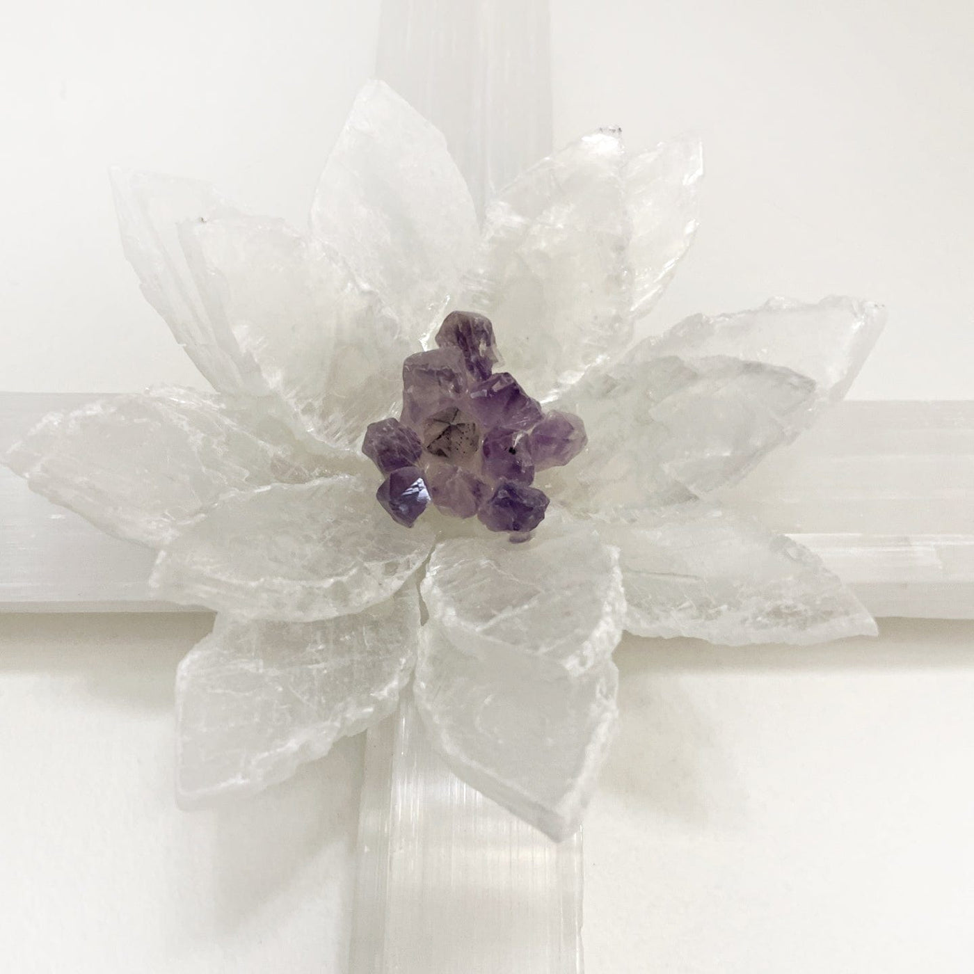 Selenite Cross with Flower Cluster of Crystals up close