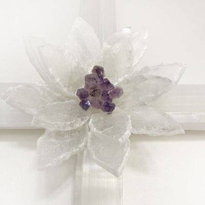 Selenite Cross with Flower Cluster of Crystals up close
