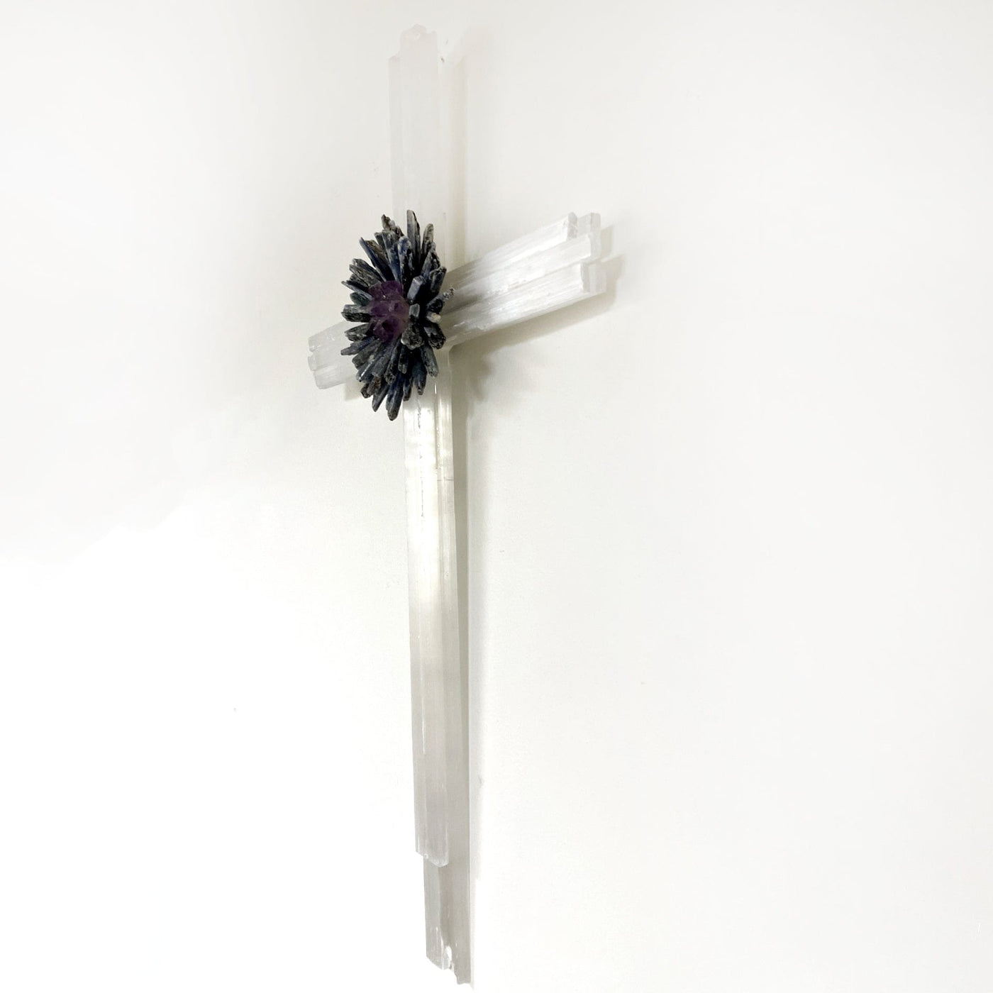 Selenite Cross with Flower Cluster of Crystals angle view