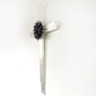 Selenite Cross with Flower Cluster of Crystals angle view