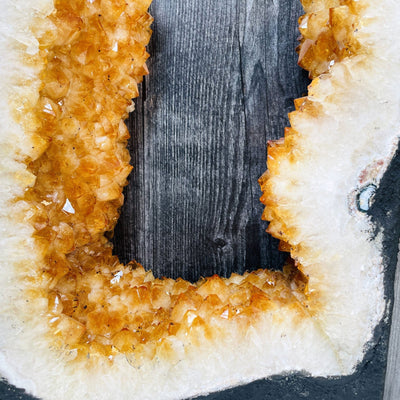 Citrine Crystal Portal - Golden Amethyst Geode Slice up close