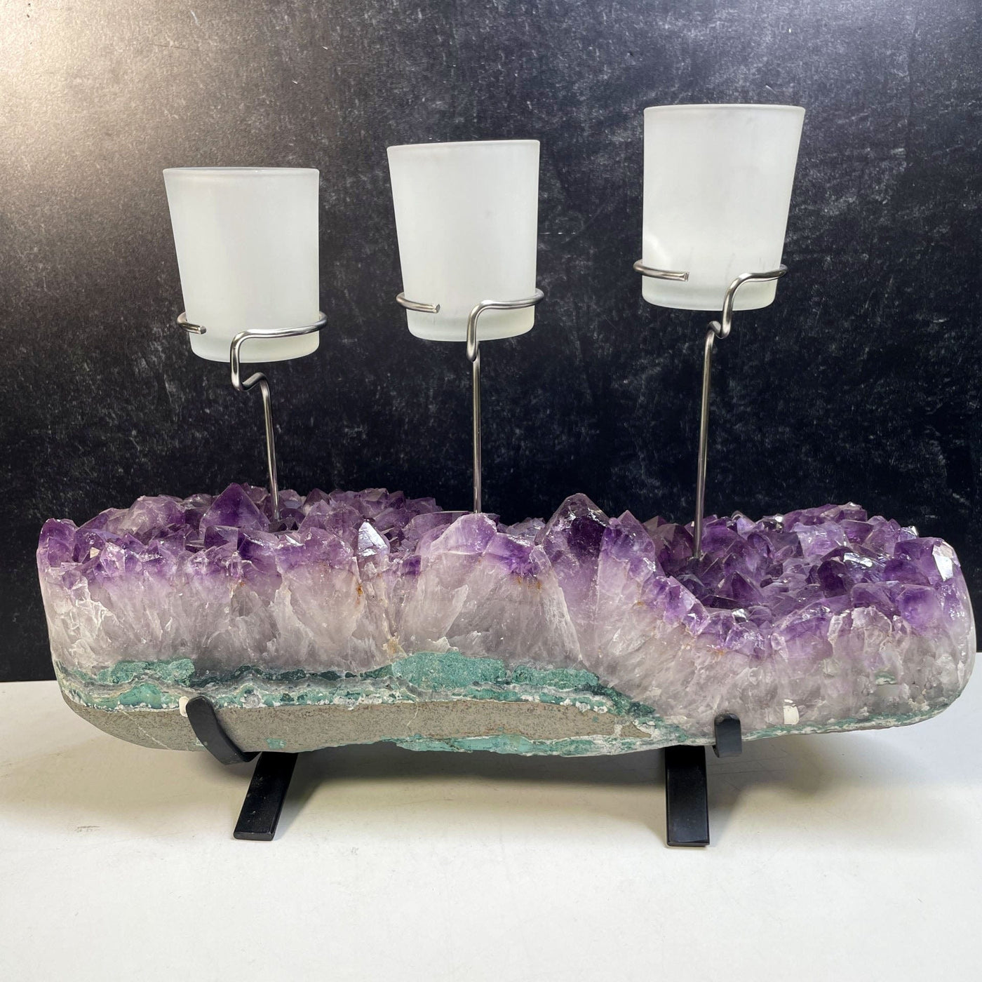 Amethyst Cluster Base with 3 Votive Candle Holders back side view