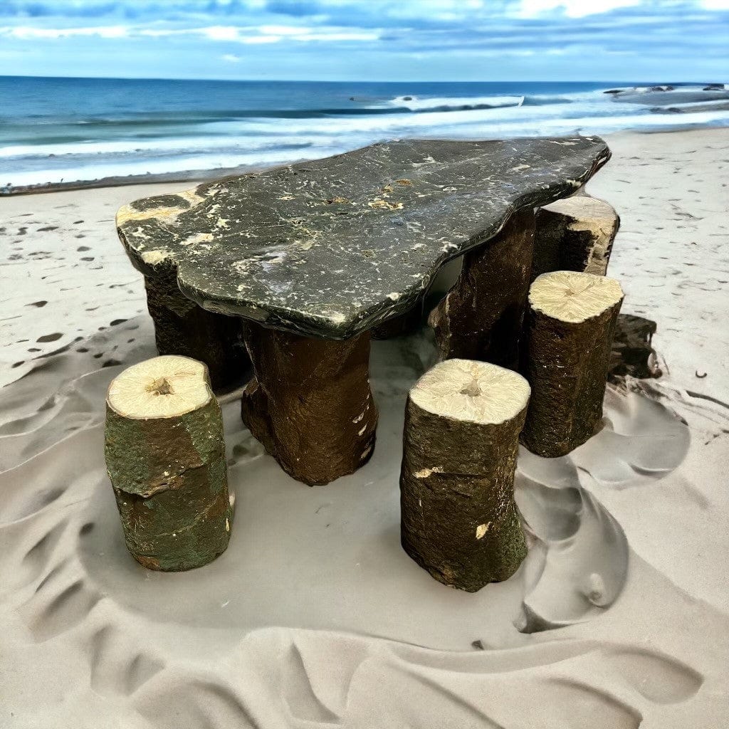 Large jasper and agate table on a beach