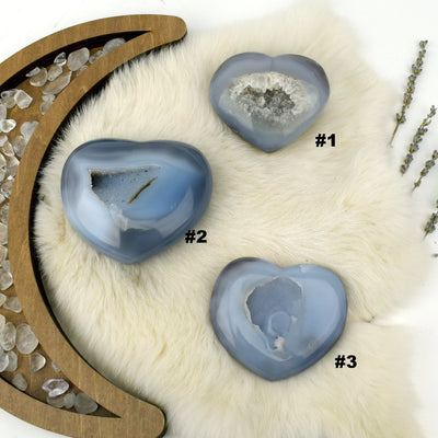 Three Agate Druzy Hearts numbered front facing in an alter.