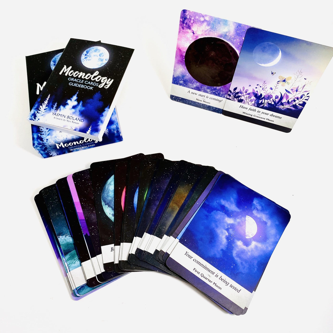 Open box of the Moonology Oracle Cards Deck to show the colors and size 