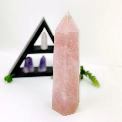 Rose Quartz Polished Point Stone with triangular display with crystals blurred on white background