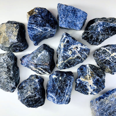 overhead view of many sodalite rough stone pieces on white background for possible variations