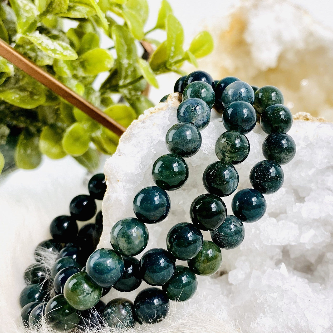 Moss Agate Round Bead Crystal Bracelets