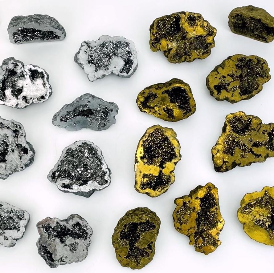 Variety of platinum and gold Half Geodes shown from top view