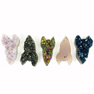 Druzy Rocket Shaped Cabochons come in angel aura platinum rainbow natural druzy and mystic blue