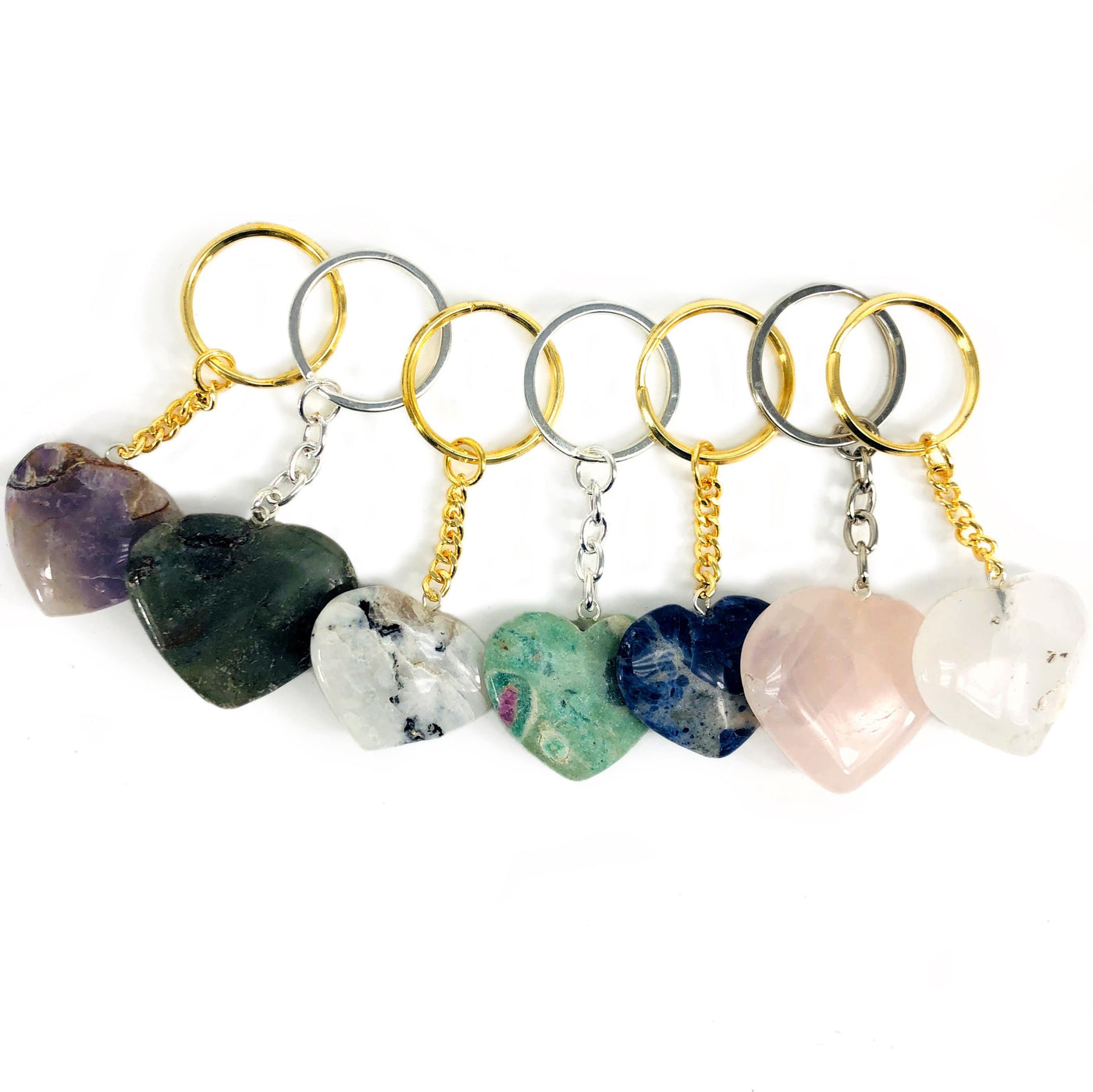 gemstone heart keychains available with a silver or gold hanging clip 