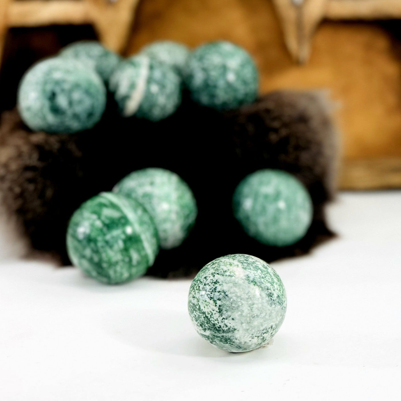 Qinghai Jade Quartz Polished Spheres - View of detail on one jade quartz sphere