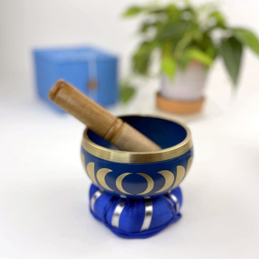 Blue Moon Phase Brass Singing Bowl Set with Blue Box