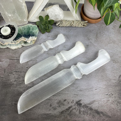 3 sizes of Selenite Knives with Hand Cut and Polished Handles