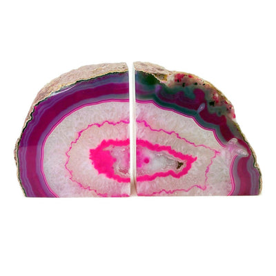 Pink agate bookend pair on a white background.