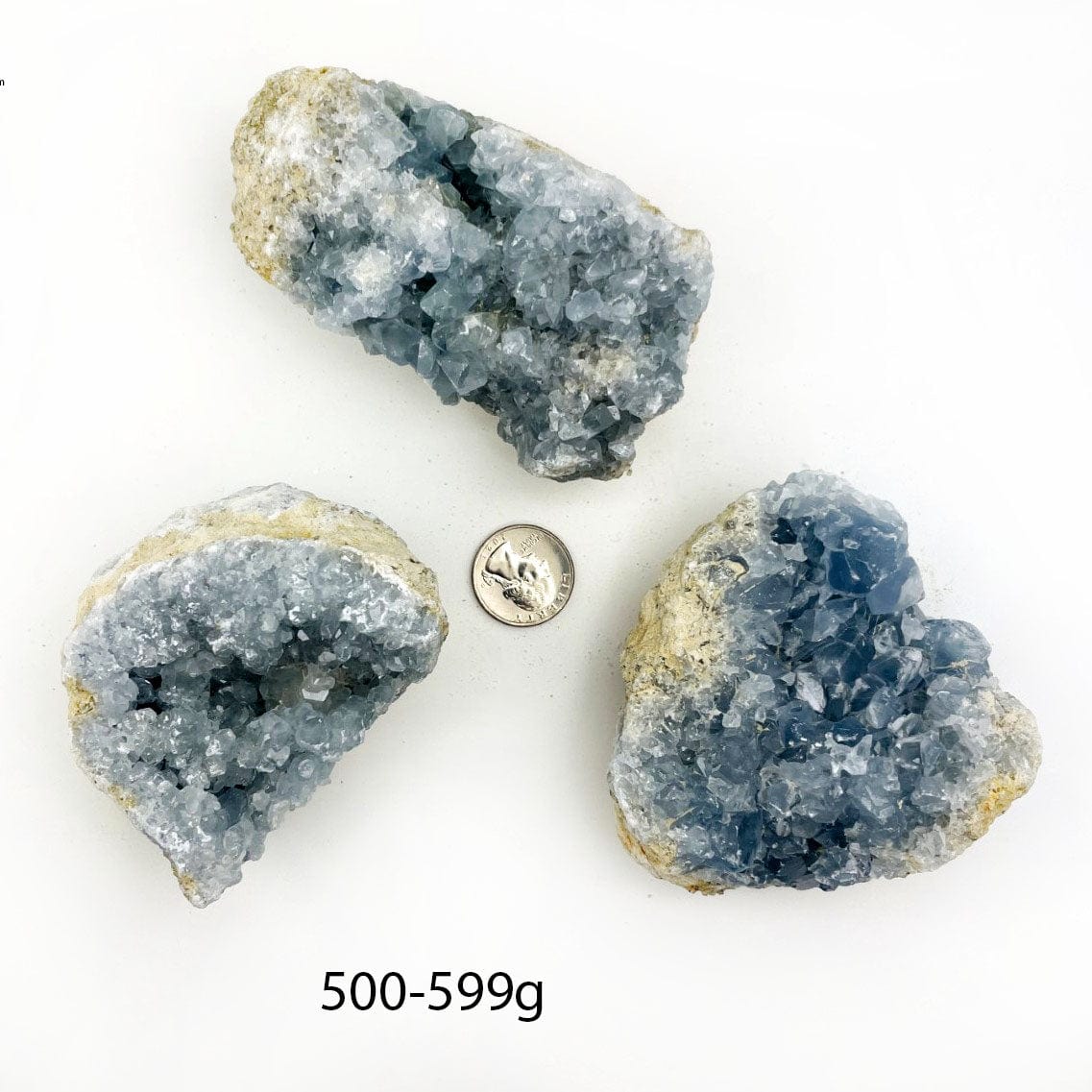 Celestite Crystals in size 500-599g next to a quarter for size reference