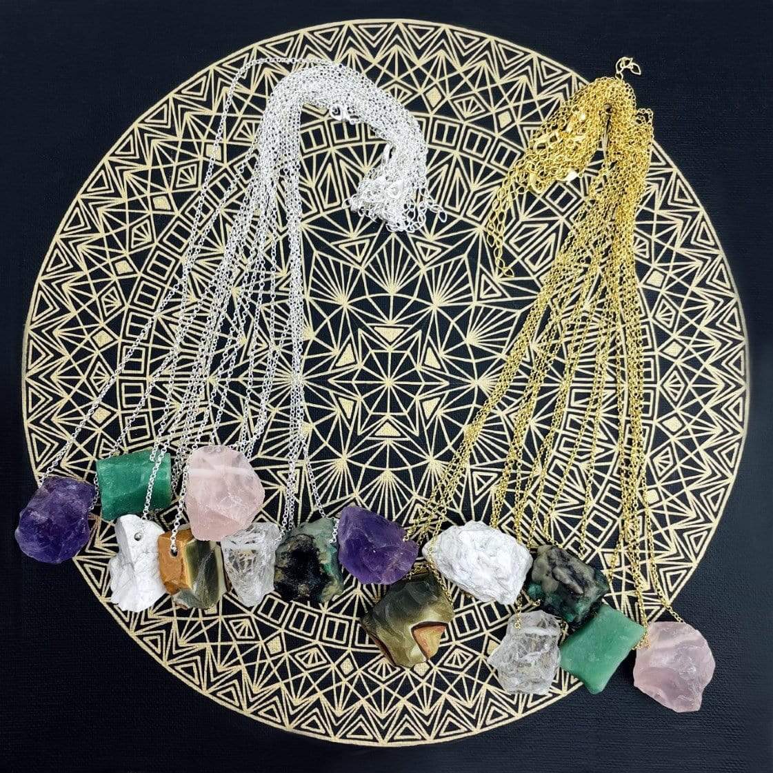 Healing Stone Necklaces on a crystal grid