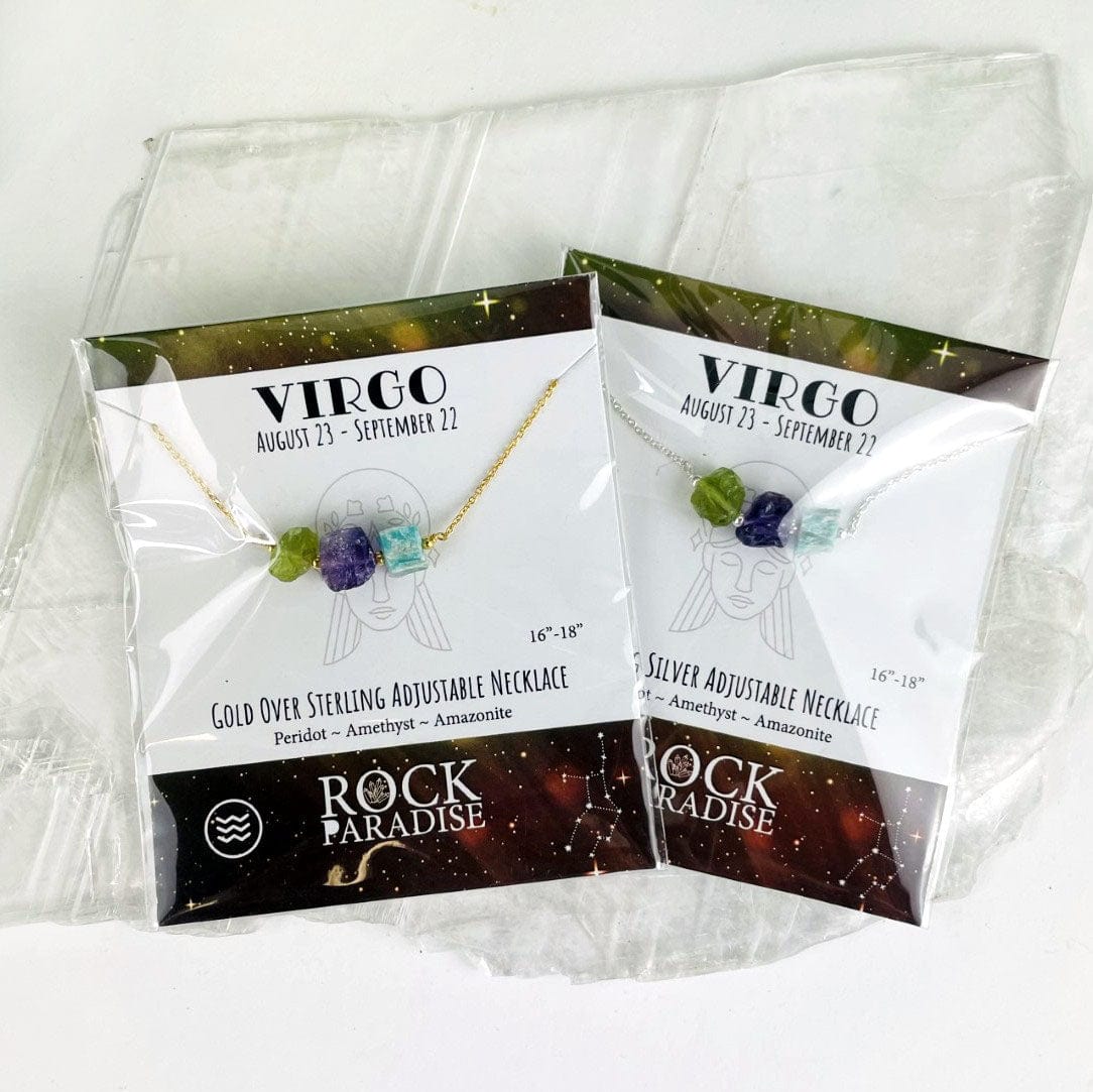 Virgo Necklace - 3 Stones for your Zodiac Sign  - Gold over Sterling or Sterling Silver Adjustable Length in packaging