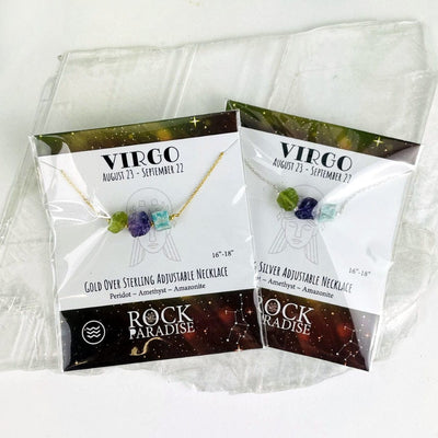 Virgo Necklace - 3 Stones for your Zodiac Sign  - Gold over Sterling or Sterling Silver Adjustable Length in packaging