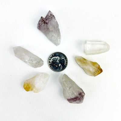 Triple Energy Set of Quartz, Amethyst and Citrine Points next to a quarter for size