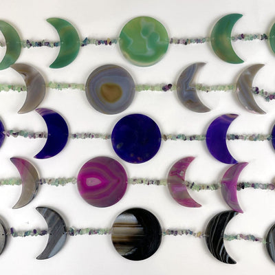 Agate Moon Phase Horizontal Wall Hangings with Fluorite Beads up close