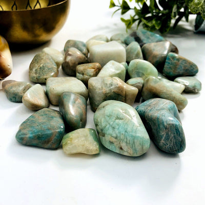 amazonite tumbled stones displayed on a white background.