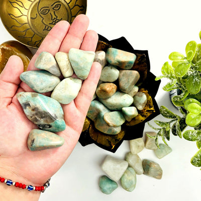 amazonite tumbled stones being held for size reference.