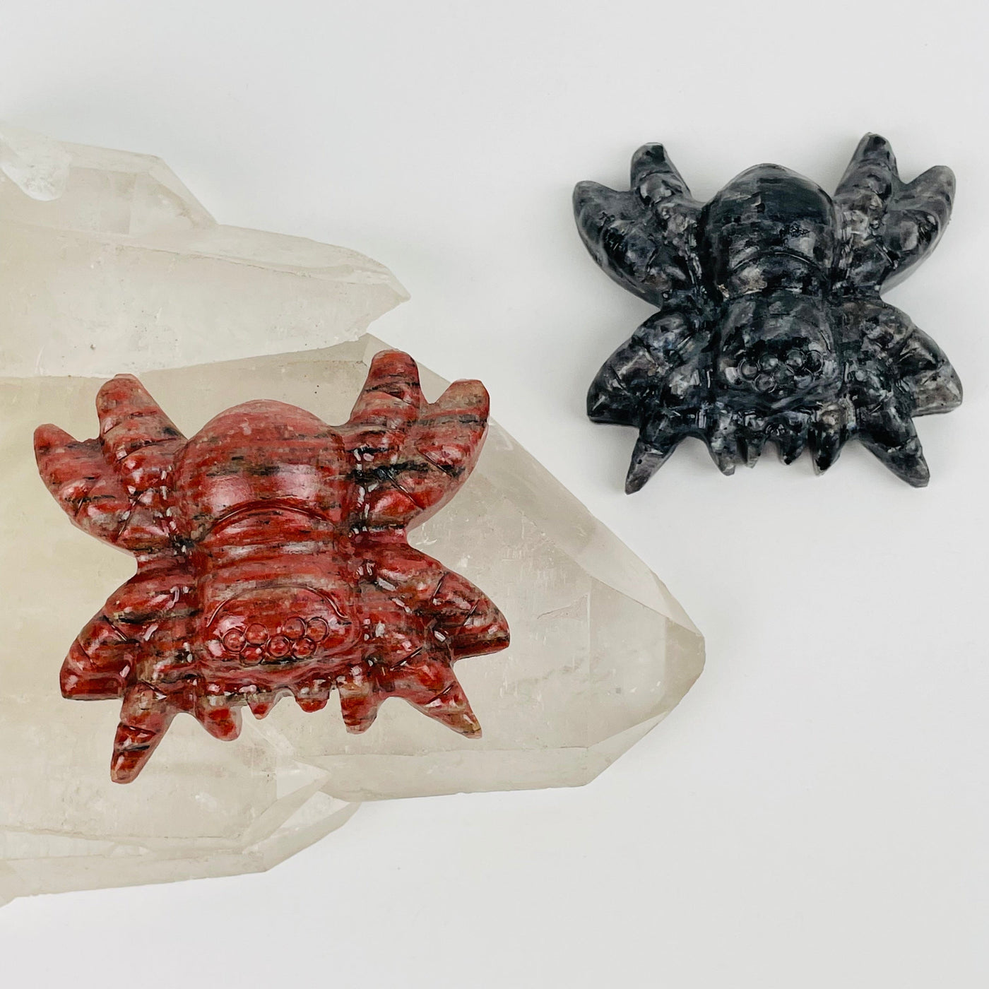 carved tarantulas available in red jasper and larvikite 