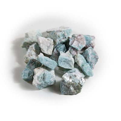 Picture of amazonite chunks being displayed on a white background. 
