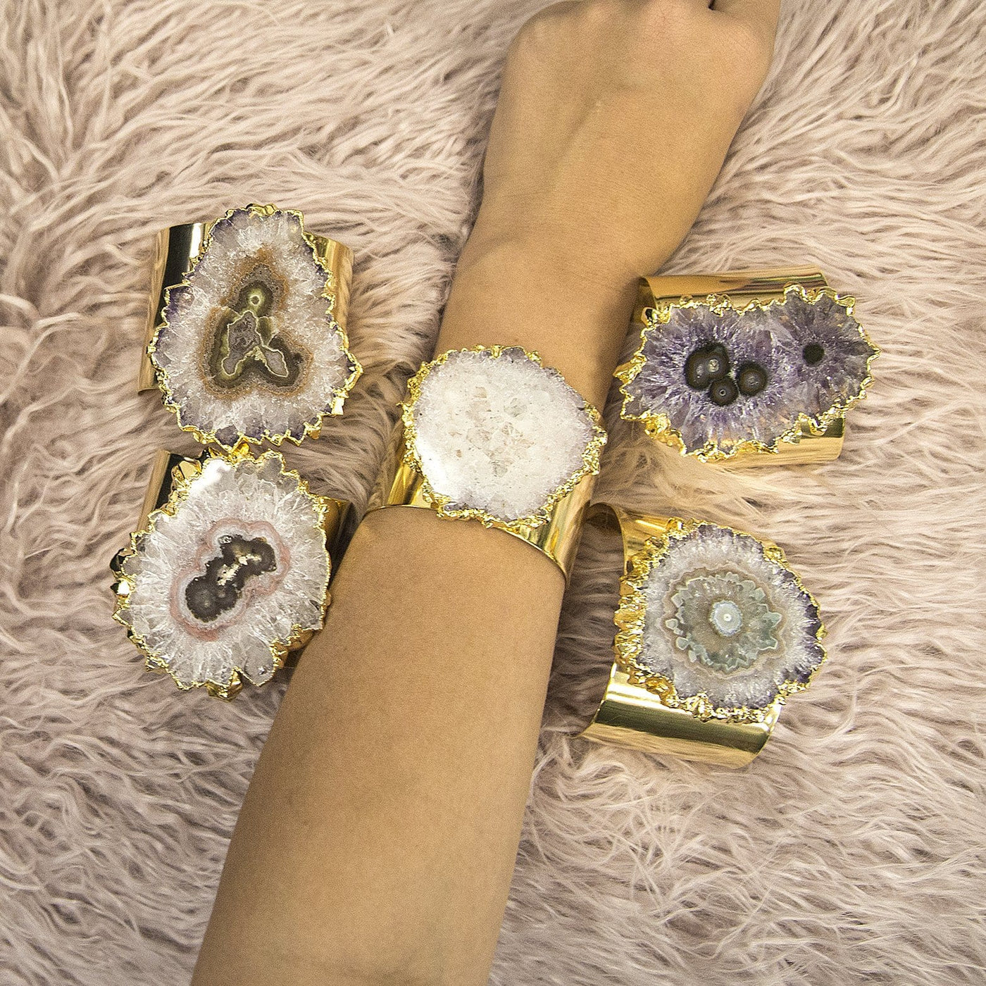 Amethyst Stalactite Cuff Bracelets in 24k Gold Electroplated on wrist and around arm show size and various stalactite formations color